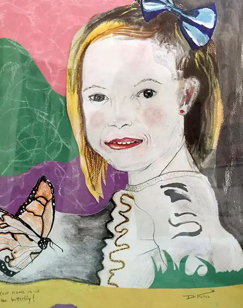 A child with a butterfly on her shoulder.