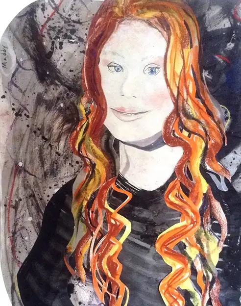 A painting of a woman with long red hair.
