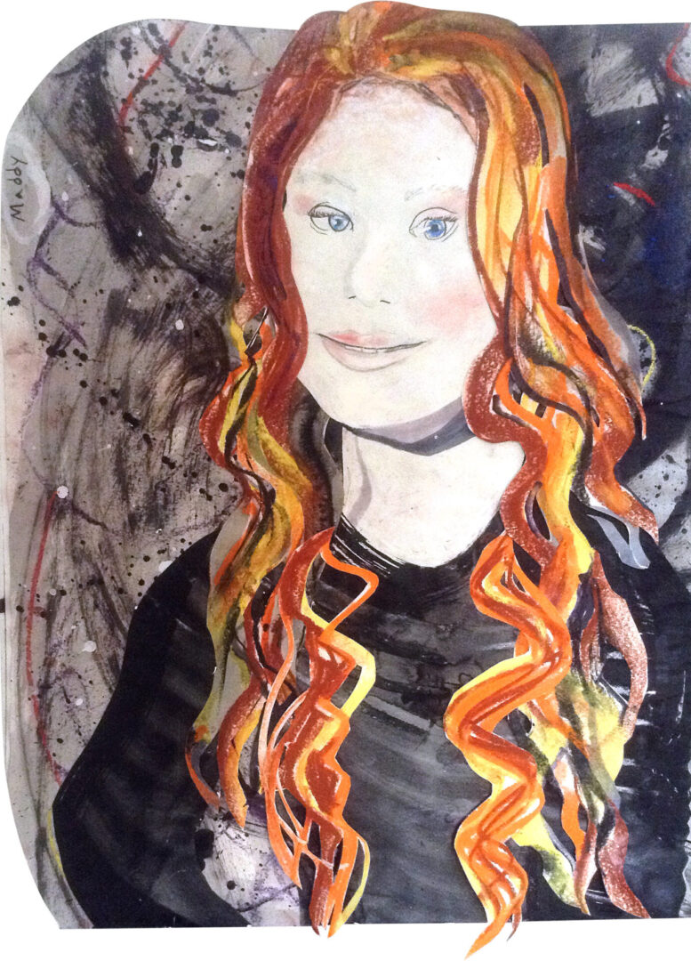 A painting of a woman with long red hair.