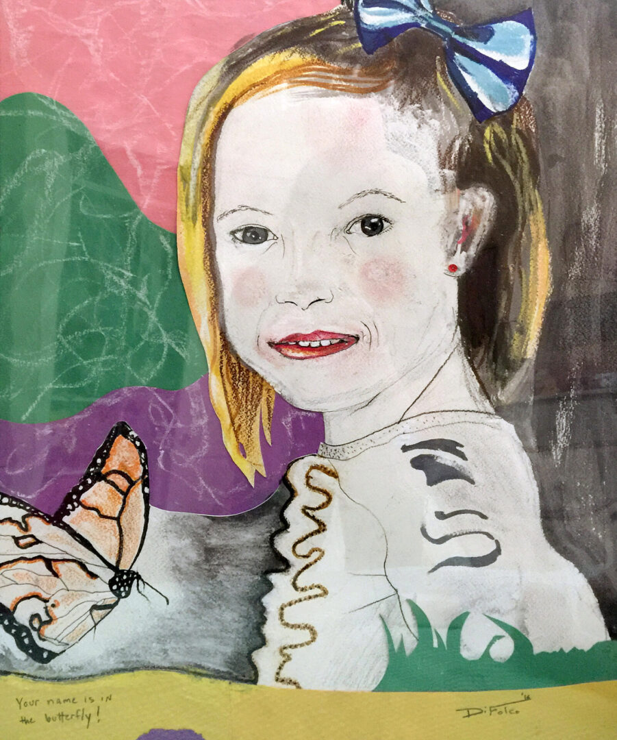 A child with a butterfly on her shoulder.