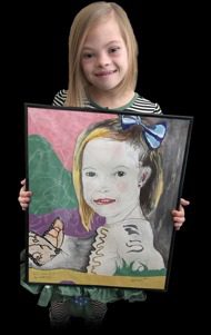 A girl holding up a painting of herself.