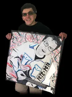 A man holding up a painting of a guitar player.