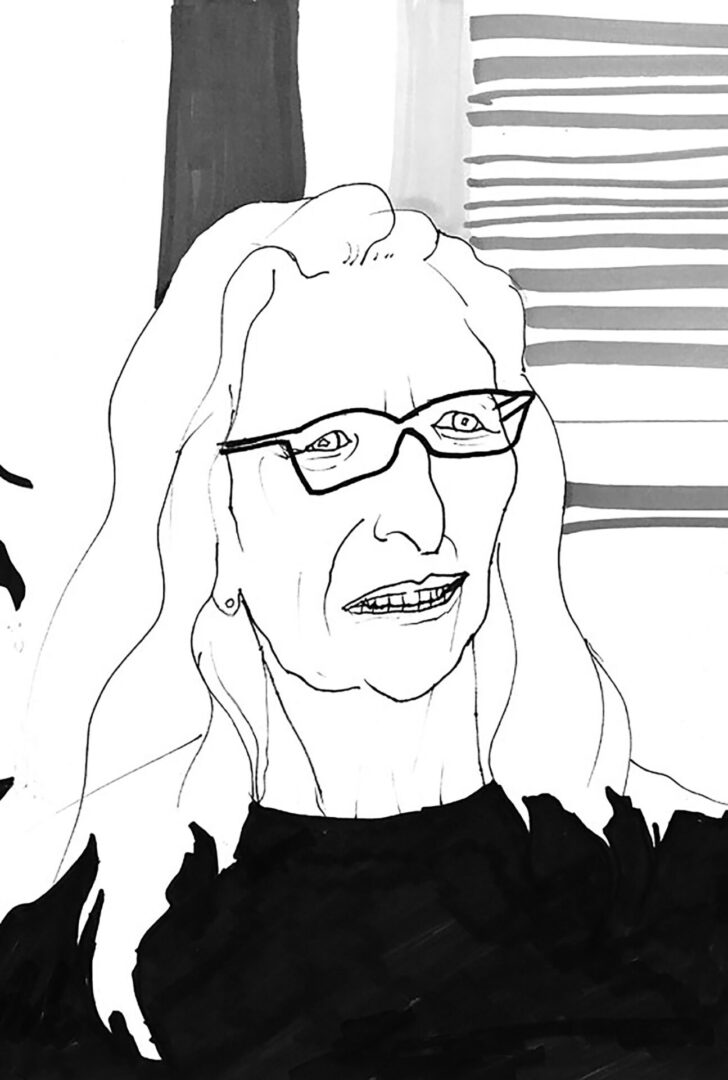 A black and white drawing of a woman with glasses.