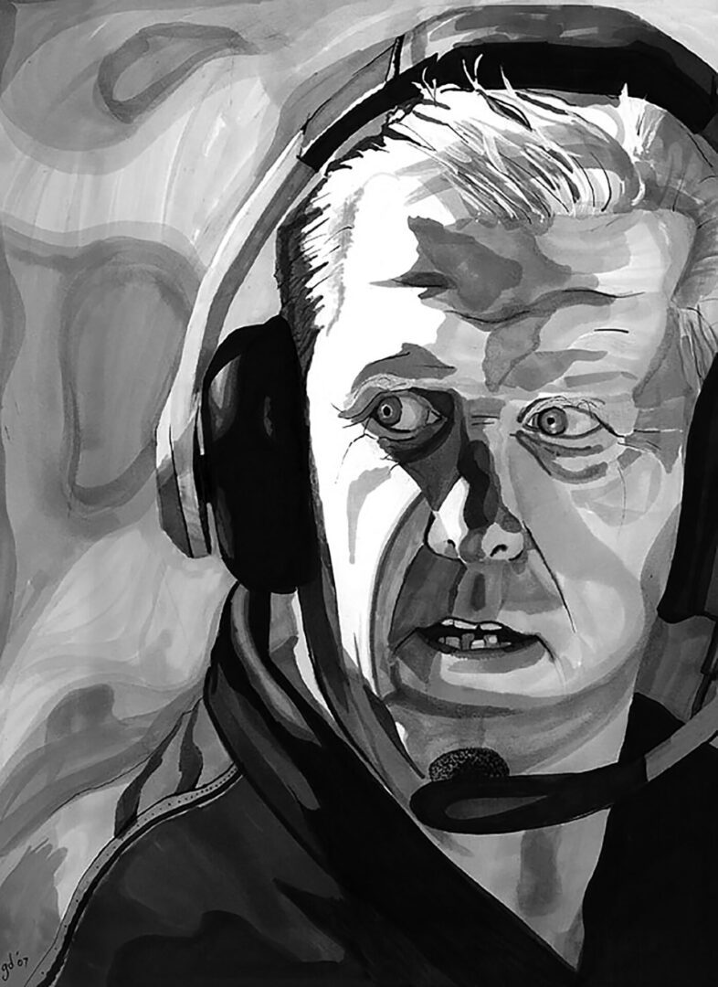 A black and white painting of an older man wearing headphones.