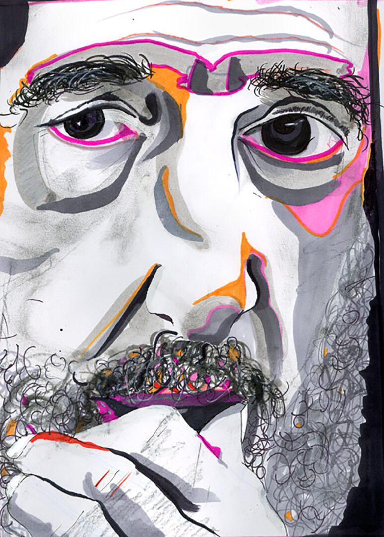 A painting of a man 's face with bright colors.