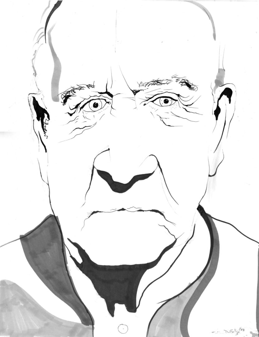 A black and white drawing of an older man.