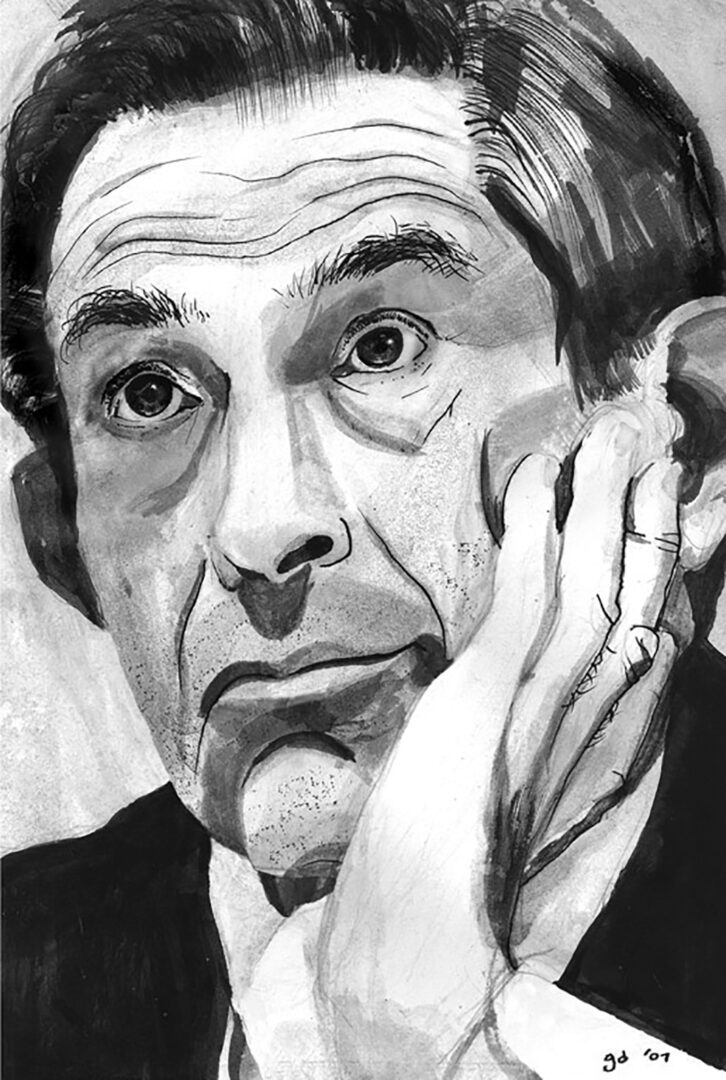 A black and white painting of a man with his hand on the ear.