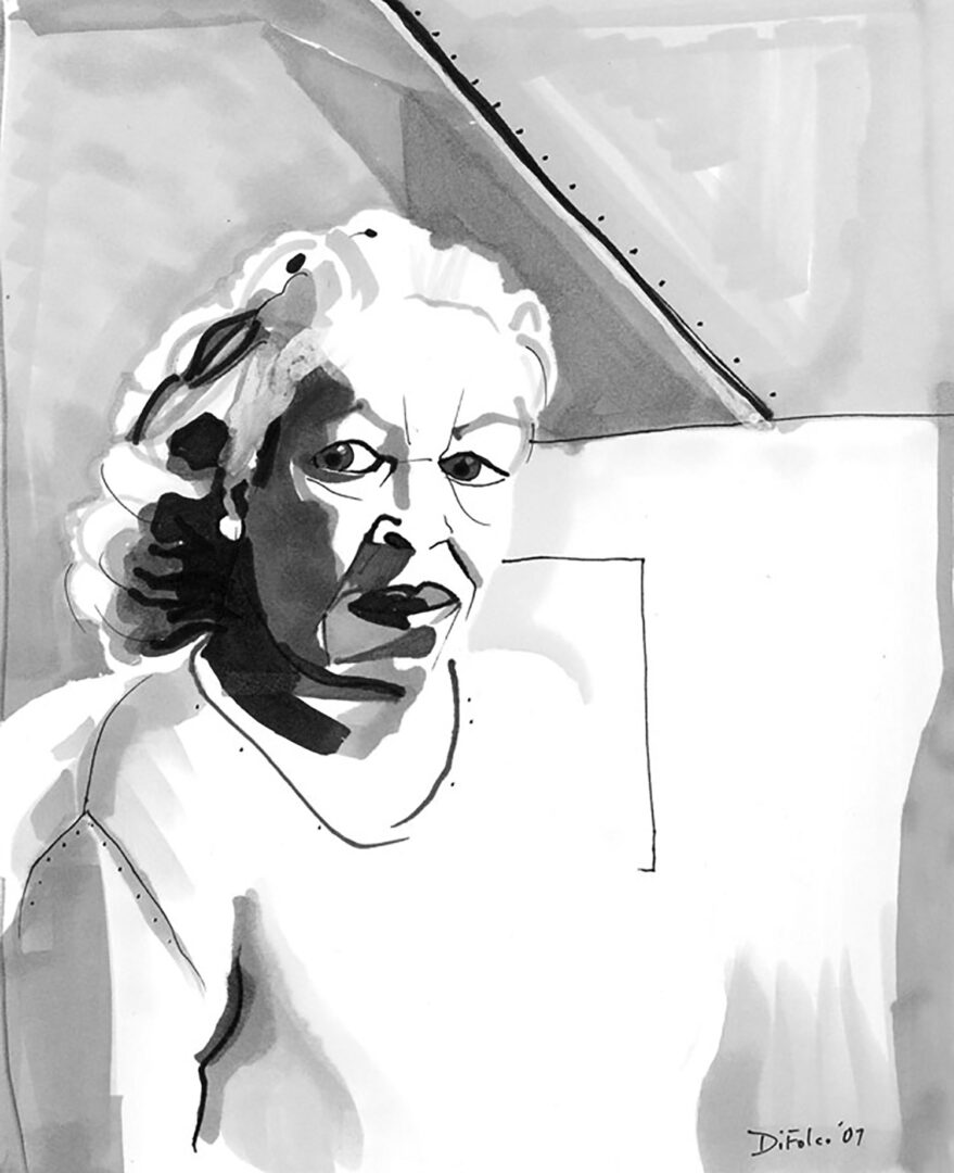 A black and white image of an older woman.