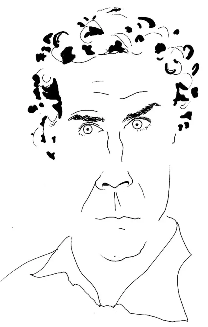 A black and white drawing of a man with curly hair.