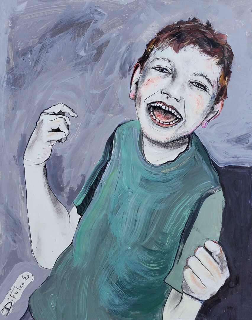 A painting of a boy with his mouth open