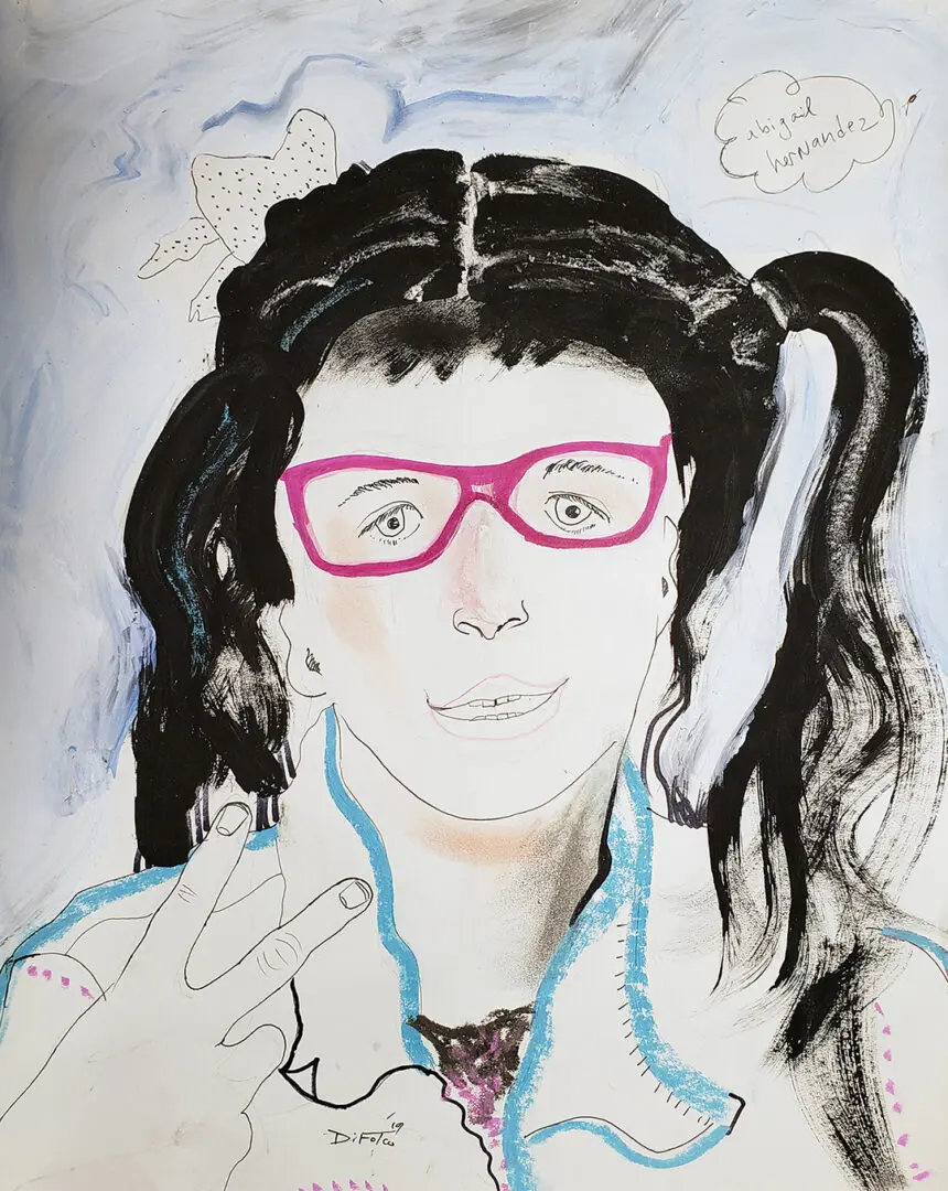 A woman with long hair and glasses is drawn by some people.